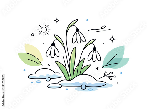 Spring Renewal Abstract. Snowdrops early spring illustration. Abstract composition combining snowdrop shapes, melting snow, and soft leaves in balance.