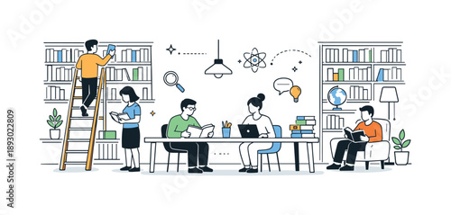 Minimalist Library Scene. Library knowledge space. A wide editorial scene showing bookshelves, ladders, and reading tables, emphasizing order and accessibility