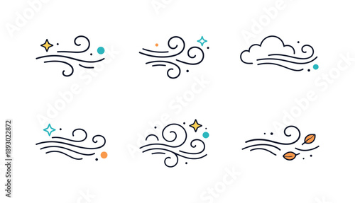 March Wind Icons. March Wind Icons. Minimal set of wind symbols with flowing lines and small dots, expressing soft gusts and changing weather. Clean editorial
