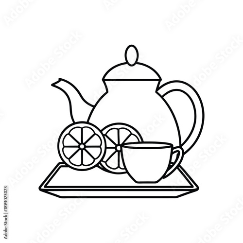 Teapot with lemon slices and cup on a tray