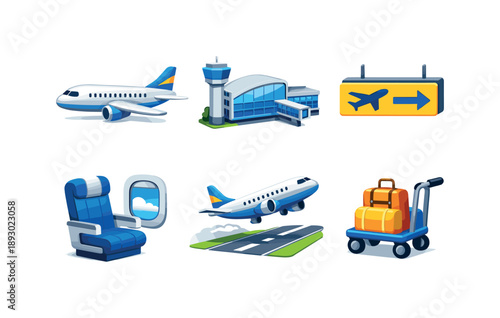 Isometric Airplane Icons. Airplane travel. Isometric flat vector icons set of airplane travel: commercial airplane side view, airport terminal building,