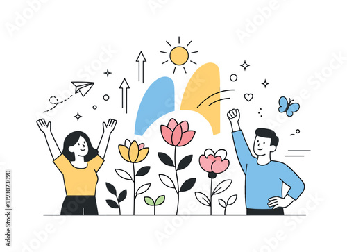 Blooming Renewal Celebration. Celebrate life and renewal. An editorial composition with blooming plants, sunlight, and abstract shapes rising upward,