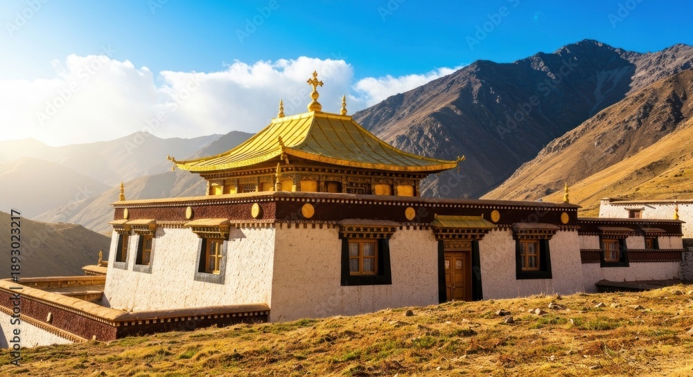 Obraz premium A golden-roofed temple with surrounding walls and mountains in the background