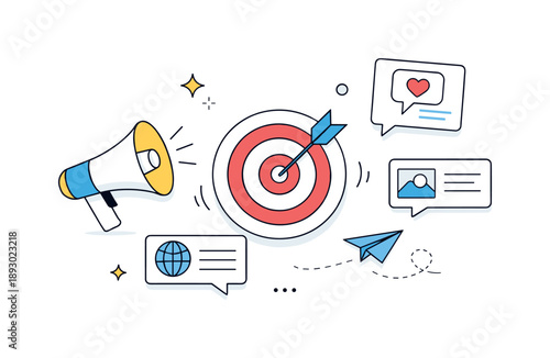 Minimalist Marketing Visuals. Marketing campaign visuals. A minimal advertising concept with megaphone, target icons, and message cards arranged in balanced