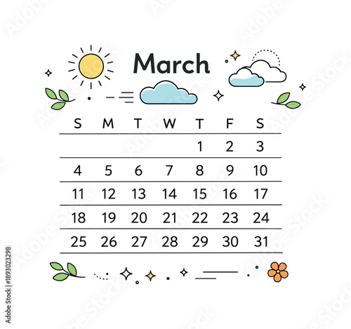 March Calendar Design. March calendar illustration. An abstract composition combining a calendar grid with icons of sun, clouds, and small leaves. Seasonal