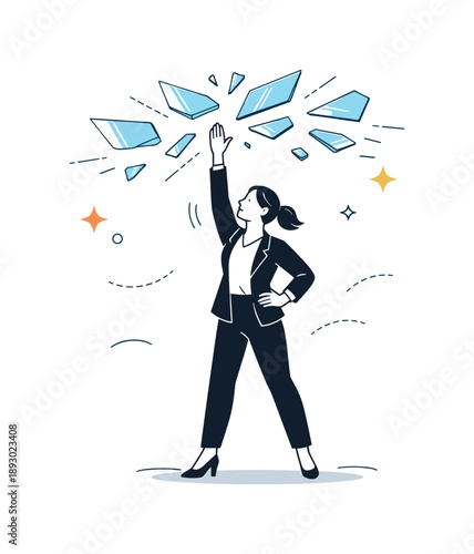Breaking the Glass Ceiling. Breaking the glass ceiling. A person confidently reaching upward as abstract shards of glass float around, symbolizing overcoming