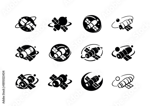 Microgravity Research Icons. microgravity research. Icon set. Set Logo of microgravity research: orbital science module. harmonious logo variations of the same