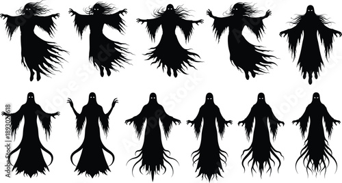 Ghost and Dark Spirit Silhouette Character Set with Floating Horror Figures, Creepy Shadows, and Supernatural Shapes for Halloween and Fantasy Designs