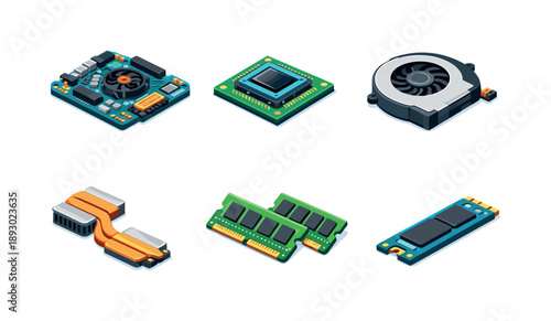Isometric Laptop Components. Laptop components. Isometric flat vector icons set of laptop components: gaming laptop motherboard, laptop GPU chip, laptop