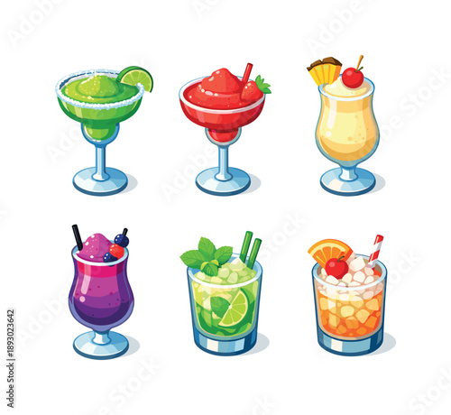 Frozen Cocktail Icons. Frozen cocktails. Isometric flat vector icons set of frozen cocktails: frozen margarita, slushy daiquiri, blended pina colada, frozen