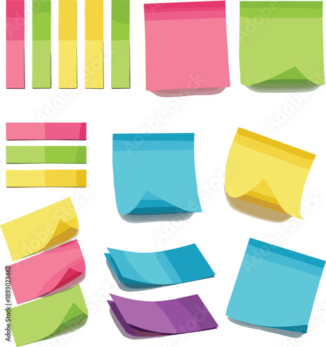 Grid of colorful sticky notes and page markers in varied shapes, sizes, and colors for organization and reminders