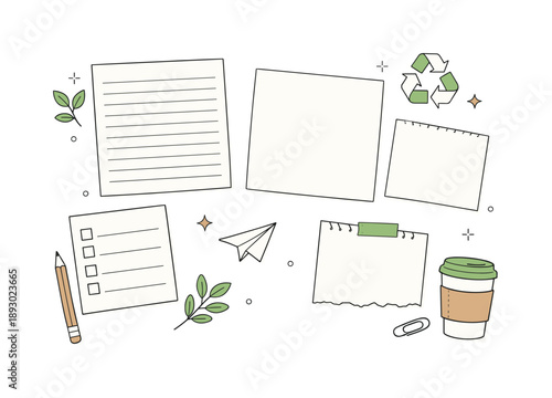 Sustainable Paper Design. Recycled paper flat lay. Top view of paper sheets spread slightly apart, soft texture hints and clean layout. Sustainable office