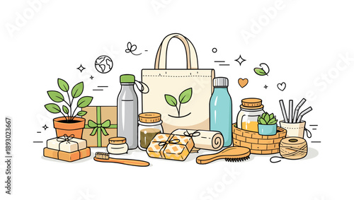 Eco-Friendly Gift Ideas. Sustainable gift ideas. A selection of eco-friendly presents like reusable bottles, cloth bags, and plants arranged neatly on a table.