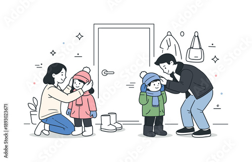 Family Winter Prep. Parents dressing kids before going out. Family standing near the door, parents adjusting hats and gloves on children. Calm preparation and