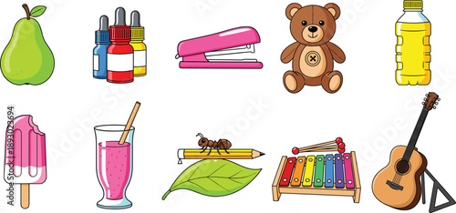 Colorful Everyday Objects Icon Set with Food, School Supplies, Toys, Drinks, and Musical Items for Kids Education and Learning Designs