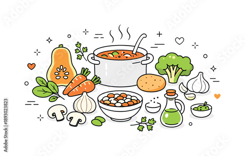 Winter Soup Ingredients. Winter soup healthy ingredients. Fresh vegetables and herbs suggesting warmth, nutrition, and homemade comfort. Soft, friendly