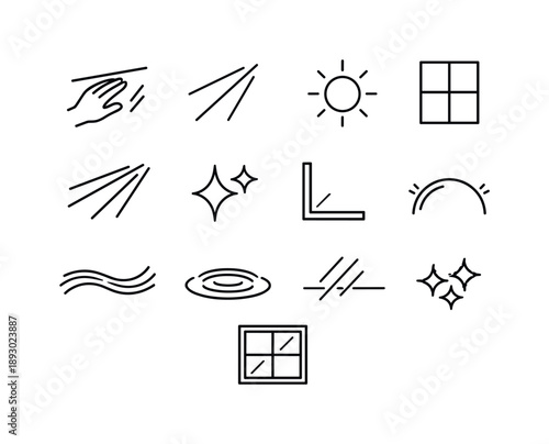Window Light Icons. Window Light Play. Line icon set of Window Light Play: hand near glass, light reflection lines, sun spot reflection, window grid, moving