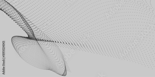 An abstract black and white dynamic wave. Streams of dark dots form smooth waves against a light background. A futuristic vector 3D wave of dots.
