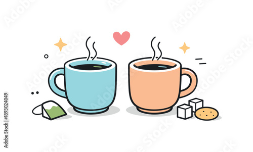 Cozy Tea Time. Cozy tea break. Stoneware tea cups placed side by side, soft shadows and simple details conveying comfort, balance, and quiet conversation.