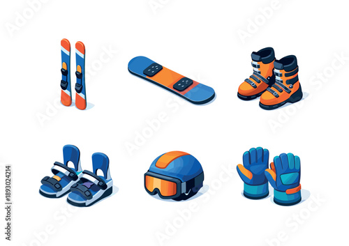 Ski Gear Grid. Ski Snowboard. Isometric flat vector icons set of Ski Snowboard: alpine skis pair, snowboard deck, ski boots pair, snowboard bindings, ski