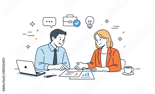 Professional Sales Meeting. Sales discussion. Two professionals sitting at a table, calmly discussing an offer and pointing at simple documents. Professional