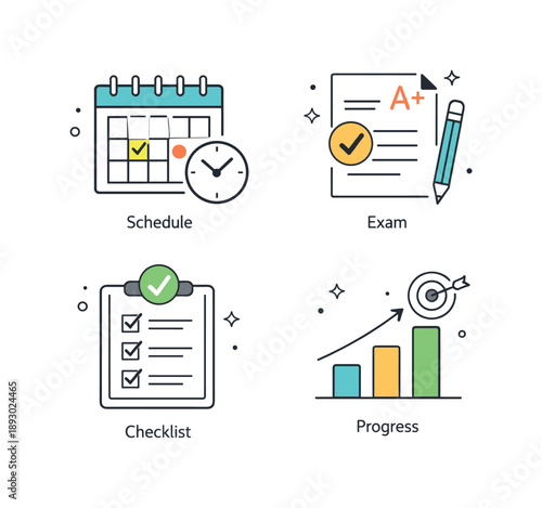 Educational Icon Pack. Education organization icons. A practical icon pack showing schedules, exams, checklists, and progress tracking, designed for academic
