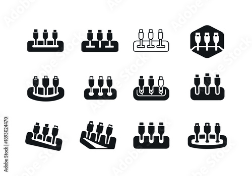 Device Charging Logos. Setting up a charging station for devices. Icon set. Set Logo of setting up a charging station for devices: cable organizer with neatly