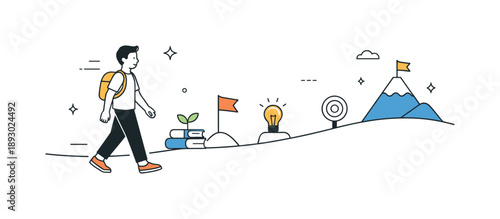 Path to Growth. The journey of self-improvement and personal development. A calm character walking along a simple path with small milestones, symbolizing