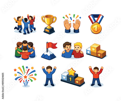 Winning Team Icons. Winning Team. Colorful isometric vector icons set of Winning Team: team celebration, victory trophy, raised hands, champion cup, confetti