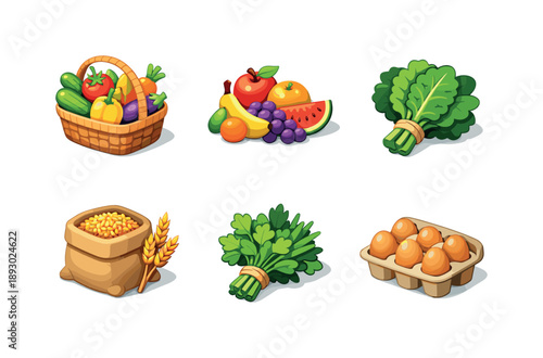 Organic Food Icons. Organic food. Isometric flat vector icons set of organic food: basket of fresh vegetables, organic fruit pile, leafy greens bunch, natural