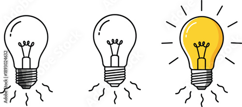 Light bulb icon set: two unlit and one glowing yellow, idea inspiration creativity concept, vector illustration for innovation themes