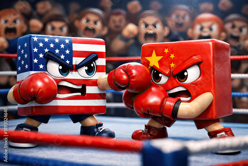 American Flag Character Fighting with Chinese Flag Character .  Political Cartoon Anger Between Countries 