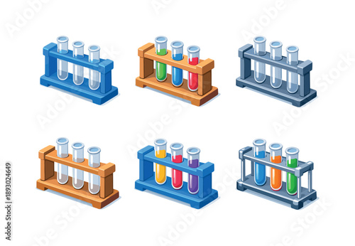 Colorful Test Tube Grid. Test Tubes Rack. Isometric flat vector icons set of Test Tubes Rack: laboratory test tube rack, glass test tubes with liquid, wooden