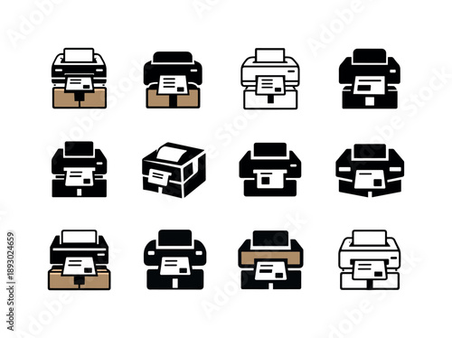 Shipping Printer Icons. Shipping label printer. Icon set. Set Logo of Shipping label printer: shipping box and printer combo. harmonious logo variations of the