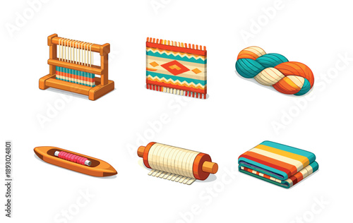 Handwoven Textile Icons. Handwoven Textile. Isometric flat vector icons set of handwoven textile: wooden loom frame, woven fabric panel, yarn skein bundle,