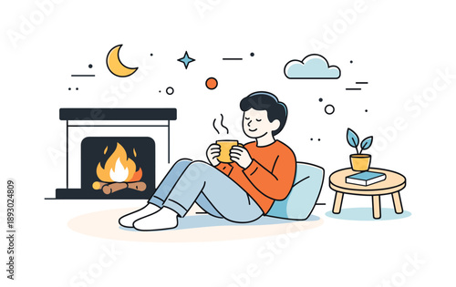 Cozy Fireplace Moments. Sitting by fireplace. A person relaxing near a fireplace, enjoying warmth and quiet time. Cozy atmosphere and peaceful rest with