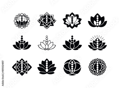 Chakra Alignment Icons. Chakra alignment. Icon set. Set Logo of chakra alignment: sacred geometry chakra wheel. harmonious logo variations of the