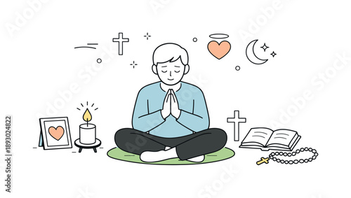 Meditative Healing Reflection. Meditation and prayer for healing. Individual in a quiet space with subtle symbols of faith, sitting calmly and reflecting on