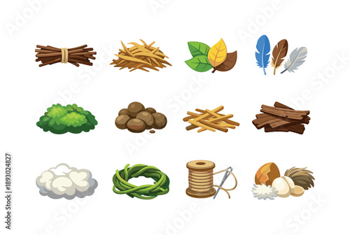 Nest Materials Icons. NestMaterials. Colorful flat vector icons set of NestMaterials: twigs bundle, dry grass, leaves, feathers, moss clump, mud pellet, straw