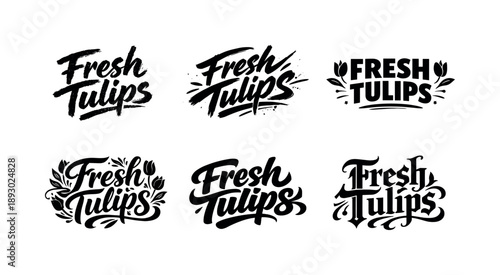 Harmonious Tulip Lettering. Fresh Tulips. Set lettering. harmonious lettering variations of the same emblematic concept, each with different artistic
