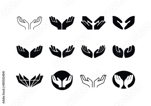 Expressive Hand Icons. Expressive hands. Icon set. Set Logo of expressive hands: open palms gesture. harmonious logo variations of the same emblematic concept,