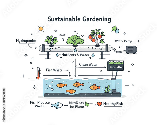 Eco-Friendly Garden Illustration. Sustainable gardening concept. A combined hydroponic and aquaponic setup shows plants, water pipes, and fish