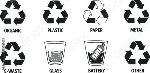 Recycling and waste category icons: organic, plastic, paper, metal, e-waste, glass, battery, other, disposal symbols, vector illustration