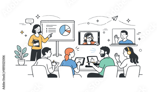 Collaborative Workshop Scene. Interactive hybrid workshop. Participants in a small room engaging with a presenter, while remote attendees contribute via