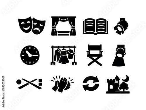 Theater Icon Set. Theater Roleplay. Solid icon set of Theater Roleplay: comedy mask, tragedy mask, stage curtains, script book, rehearsal clock, costume rack,
