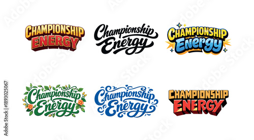 Diverse Lettering Styles. Championship energy. Set lettering. harmonious lettering variations of the same emblematic concept, each with different artistic