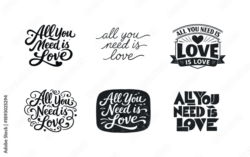 Fototapeta premium Love Lettering Styles. All you need is love. Set lettering. harmonious lettering variations of the same emblematic concept, each with different artistic