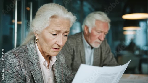 Senior couple reviews paperwork. Elderly woman faces camera. Older man holds documents. Mature consultants discuss finance. Retirement planning in office.