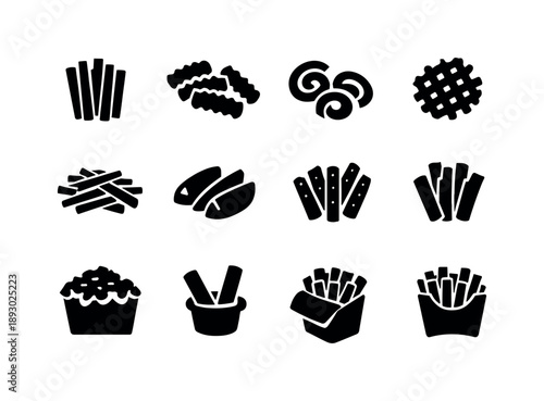 Fries Icon Set. Types of fries. Solid icon set of Types of fries: straight fries, crinkle fries, curly fries, waffle fries, steak fries, shoestring fries,