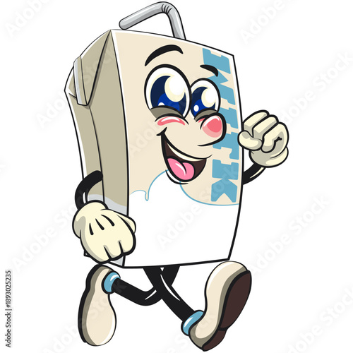 cute milk carton mascot character with straw walk with enthusiasm, isolated vector illustration, work of hand drawn